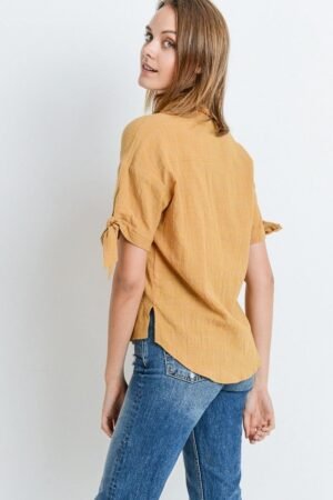 Short Sleeve Button Up Top With Tie Sleeve Short Sleeve Button Up Top With Tie Sleeve