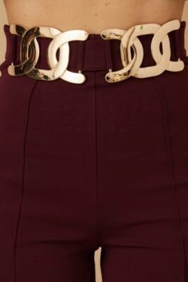 High-Rise Gold Buckle Pants – Slim Women’s Trousers