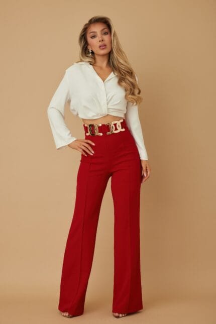 High-Rise Gold Buckle Pants – Womens Slim-Fit Trousers