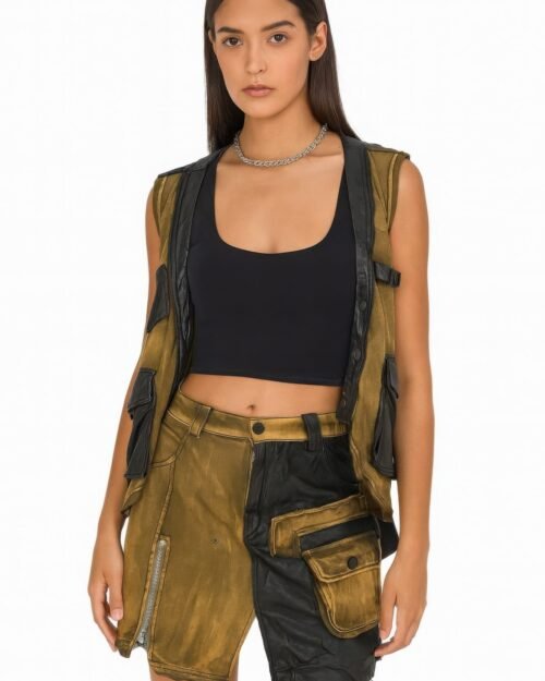 Denim And Faux Leather Two Piece Set