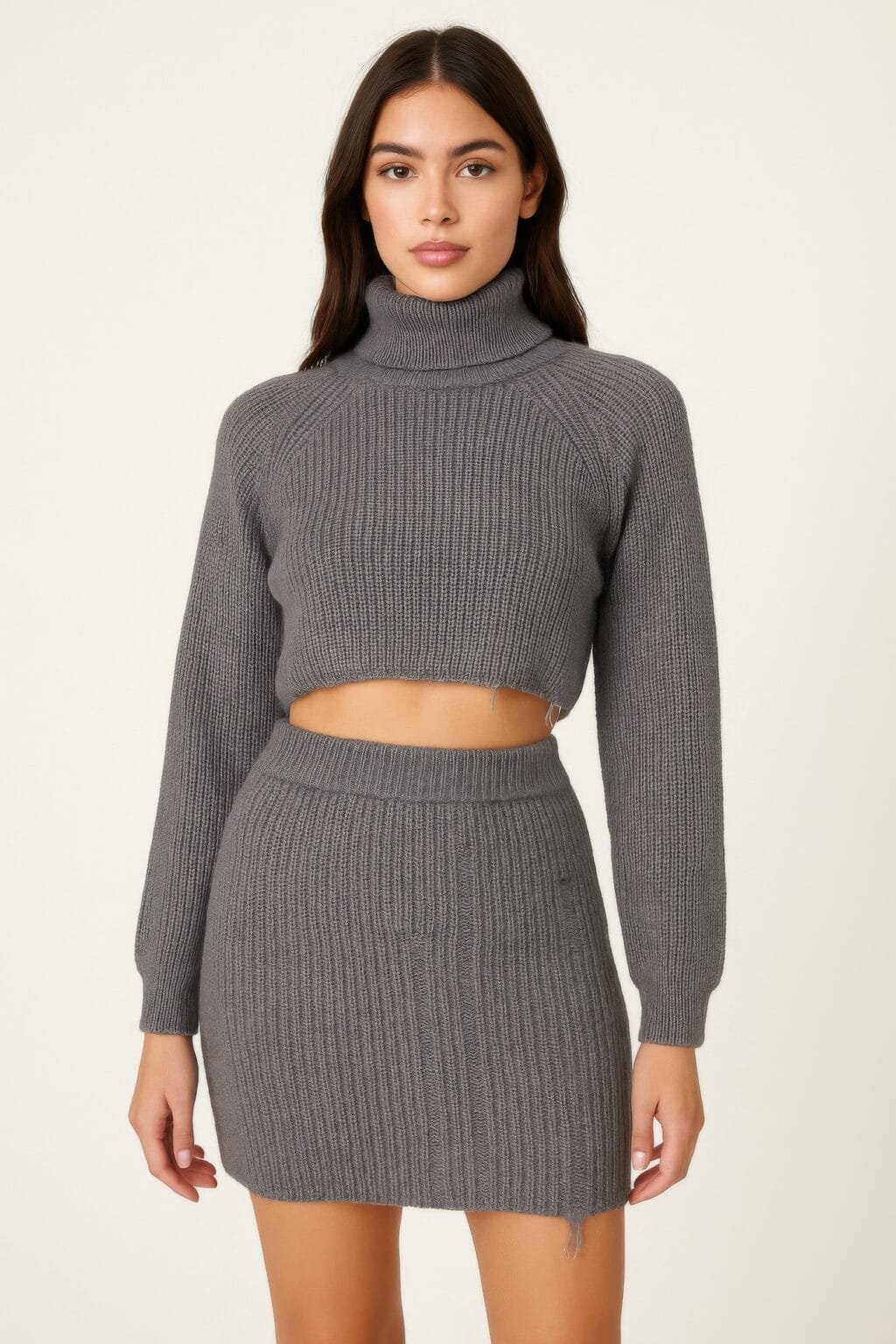 knit mock neck top and skirt