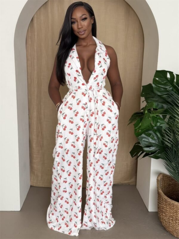 Cherry Print Halter Wide-leg Jumpsuit