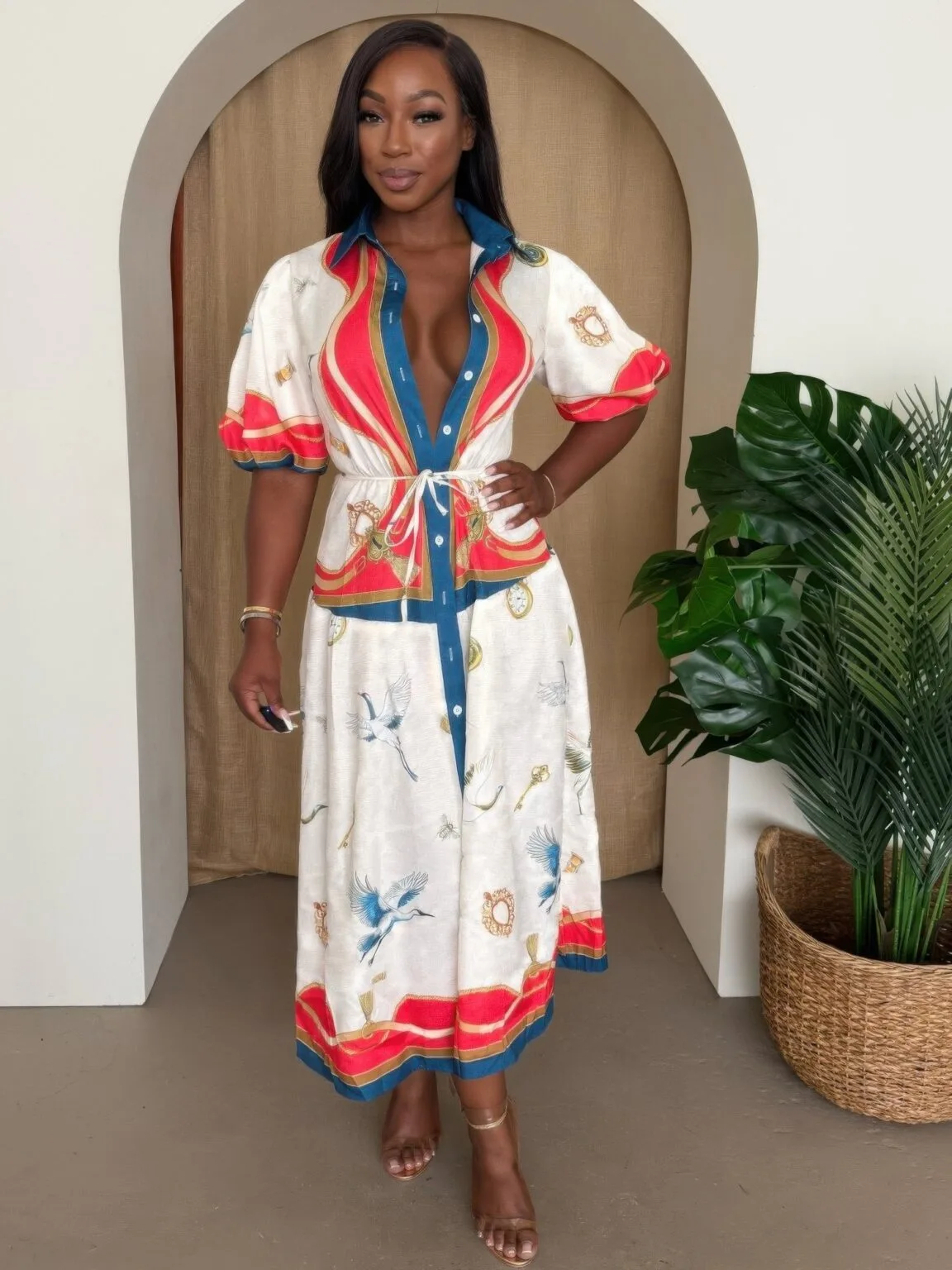 crane & nautical belted midi dress ivory multi