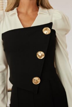 Black And White Puff Shoulder Cap Jumpsuit