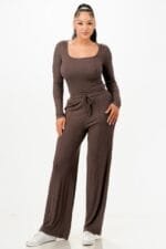 Long Sleeve Ribbed Bodysuit And Pants Set