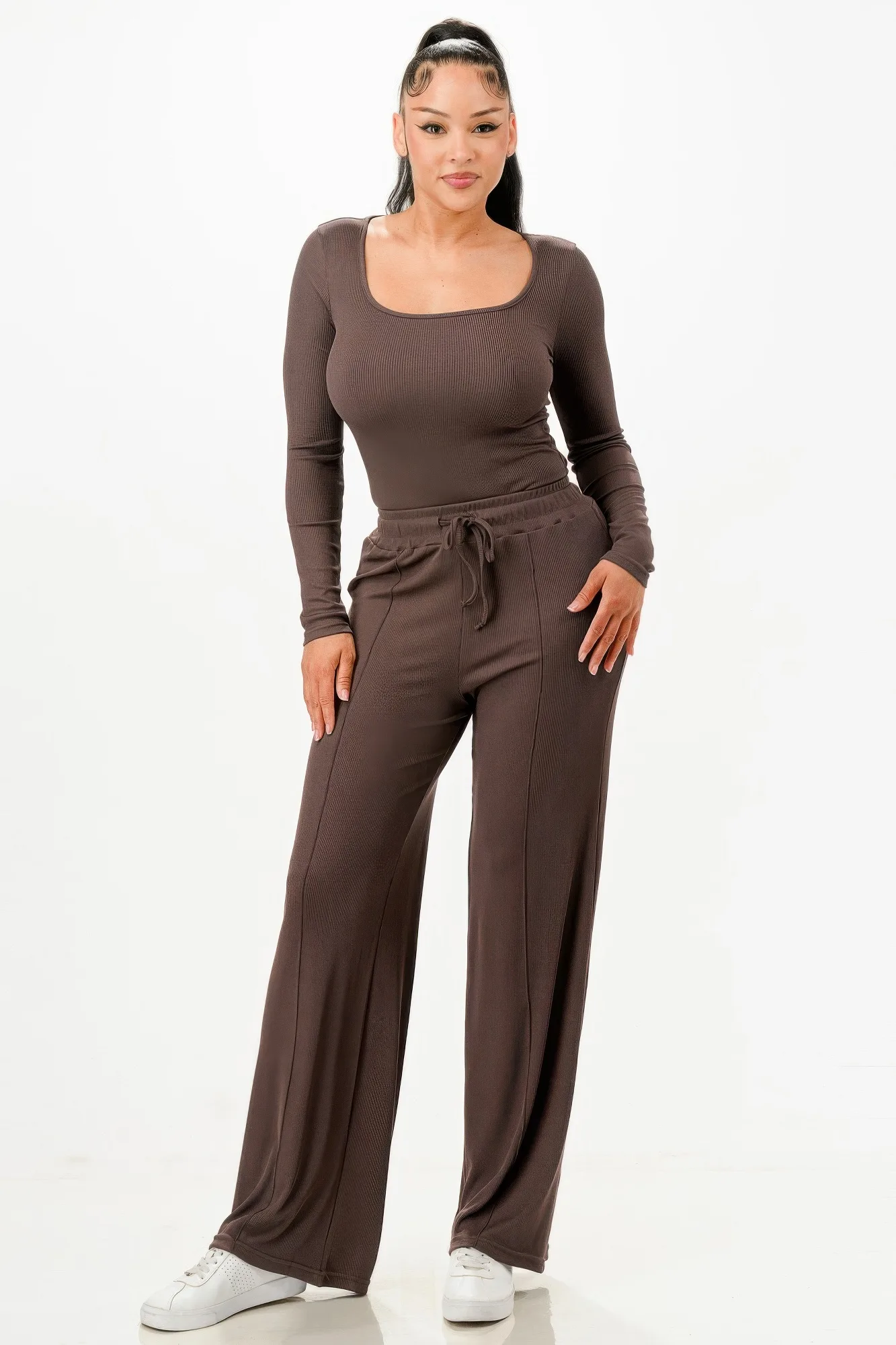 Long Sleeve Ribbed Bodysuit And Pants Set
