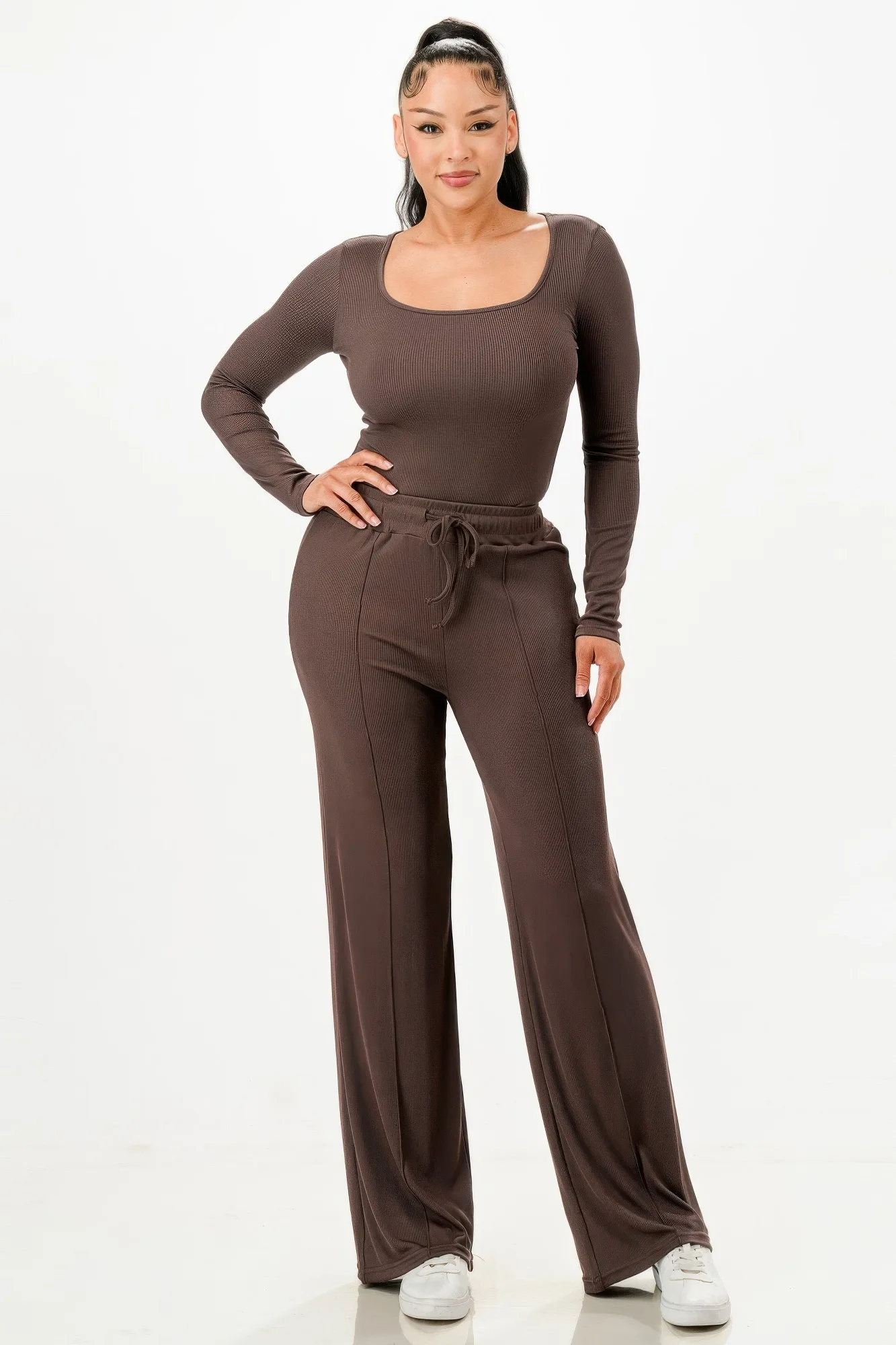 Long Sleeve Ribbed Bodysuit And Pants Set
