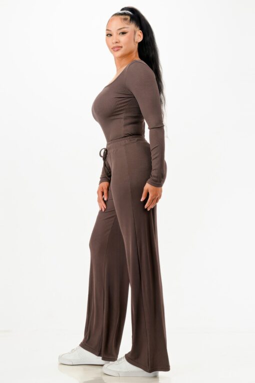 Long Sleeve Ribbed Bodysuit And Pants Set - Image 5