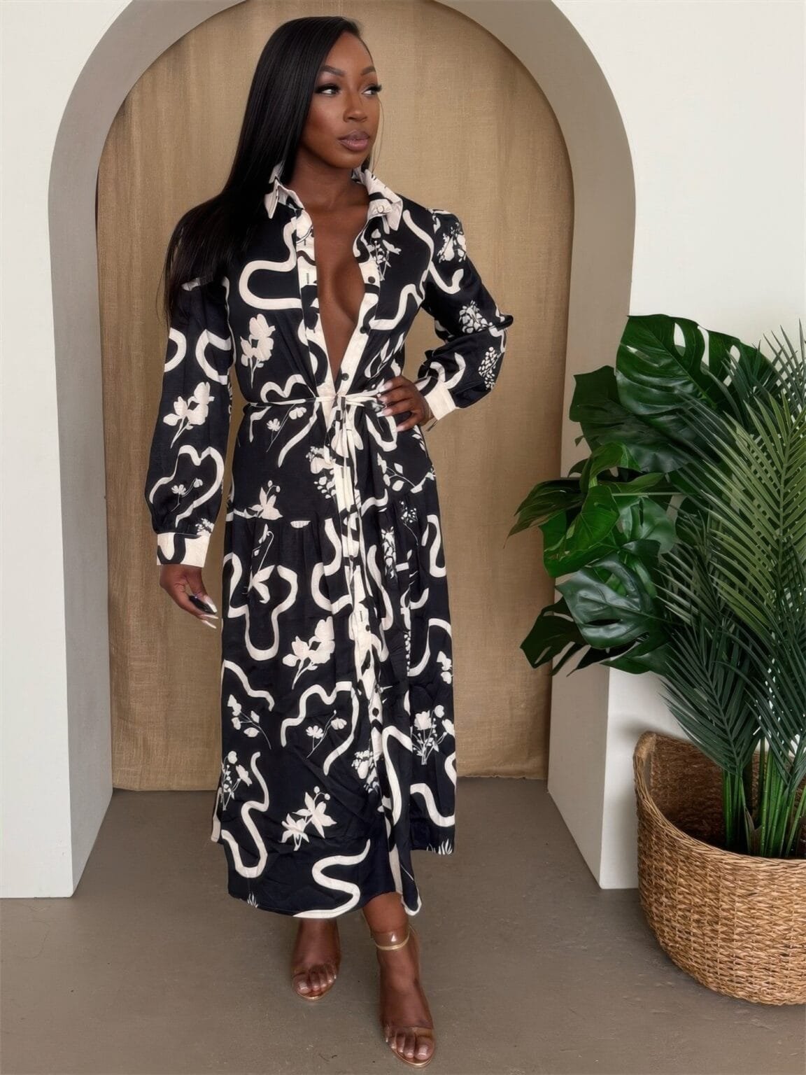 botanic maze belted shirt dress