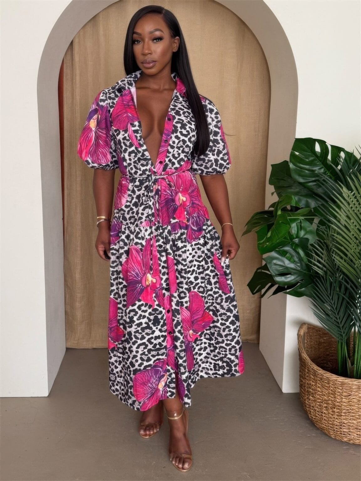 orchid pop puff sleeve midi resort dress