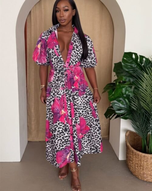 Orchid Pop Puff Sleeve Midi Resort Dress