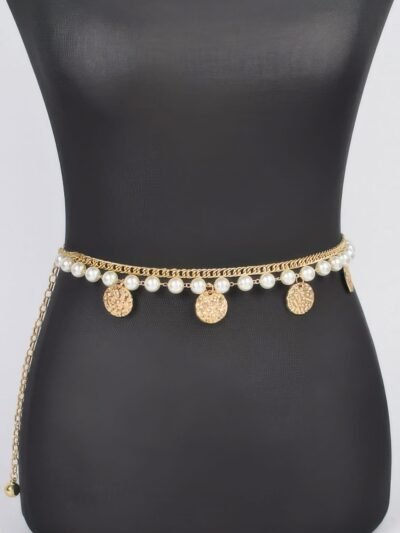 Faux Pearl Round Metal Chain Belt