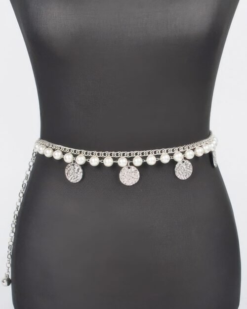 faux pearl round metal chain belt