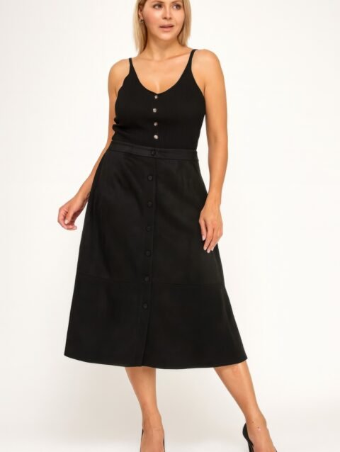 Plus Size Button-front Faux Suede Aline Midi Skirt