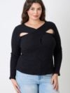 Plus Size Black Ribbed Cutout Long Sleeve Top