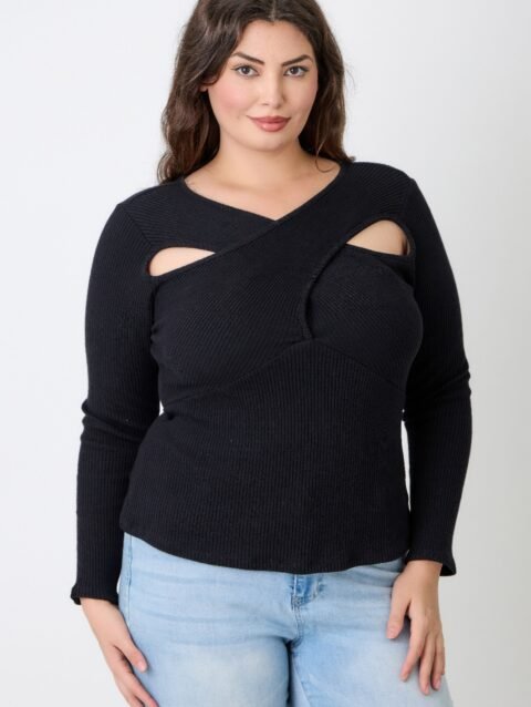 Plus Size Black Ribbed Cutout Long Sleeve Top