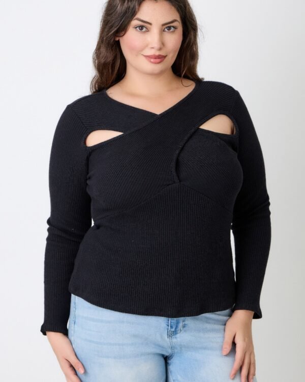 Plus Size Black Ribbed Cutout Long Sleeve Top