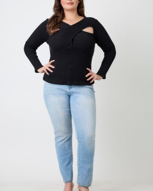 plus size black ribbed cutout long sleeve top
