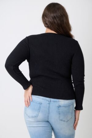 Plus Size Black Ribbed Cutout Long Sleeve Top