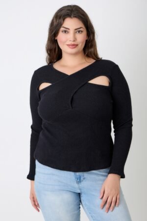 Plus Size Black Ribbed Cutout Long Sleeve Top