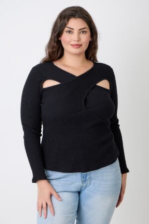 Plus Size Black Ribbed Cutout Long Sleeve Top