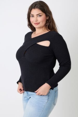 Plus Size Black Ribbed Cutout Long Sleeve Top