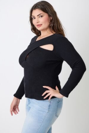 Plus Size Black Ribbed Cutout Long Sleeve Top