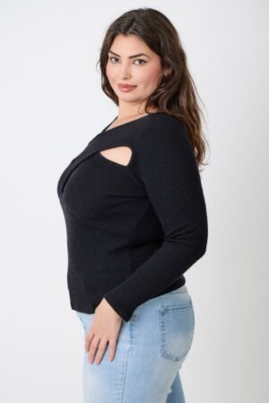 Plus Size Black Ribbed Cutout Long Sleeve Top