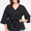 Plus Size Black Wrap Tie-waist Jacket