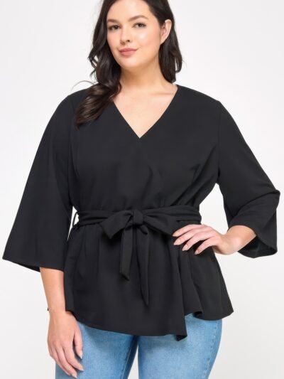 Plus Size Black Wrap Tie-waist Jacket