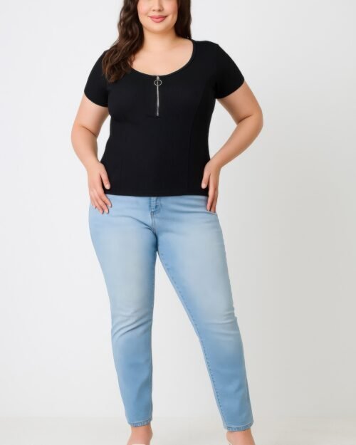 Plus Size Zip Front Fitted Stretch Top