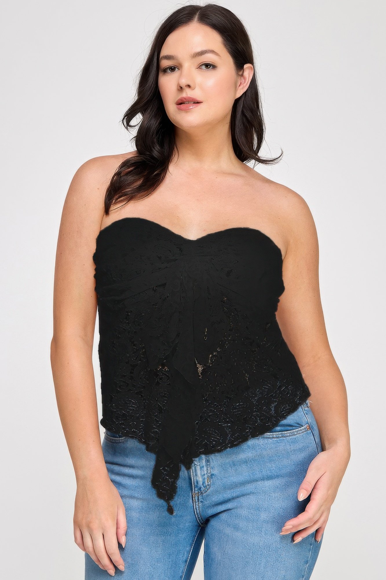 Plus Size Strapless Stretch Lace Bow Front Top