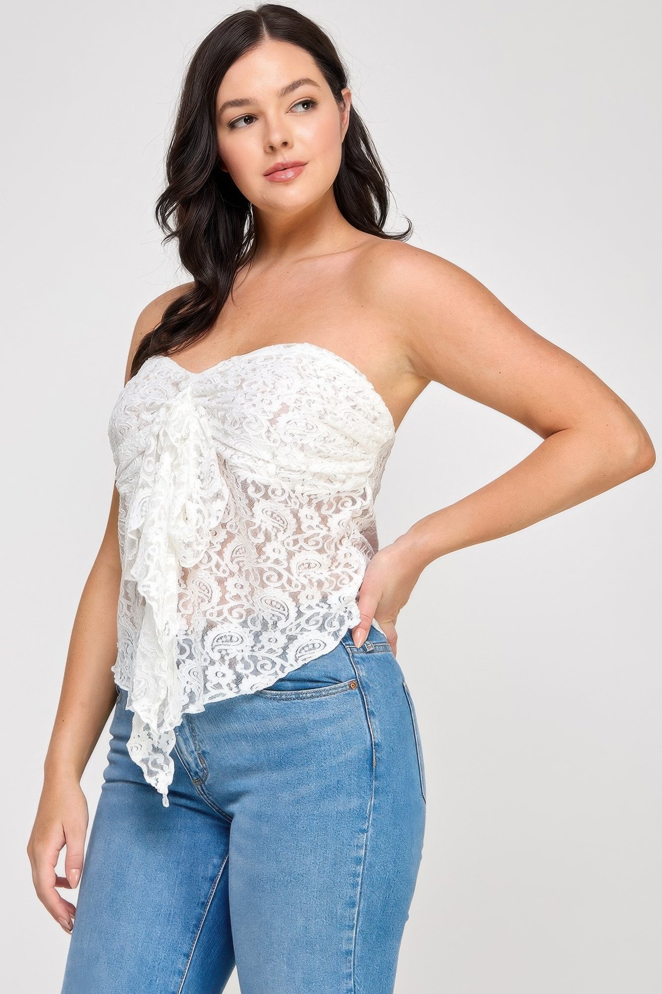 Plus Size Strapless Stretch Lace Bow Front Top