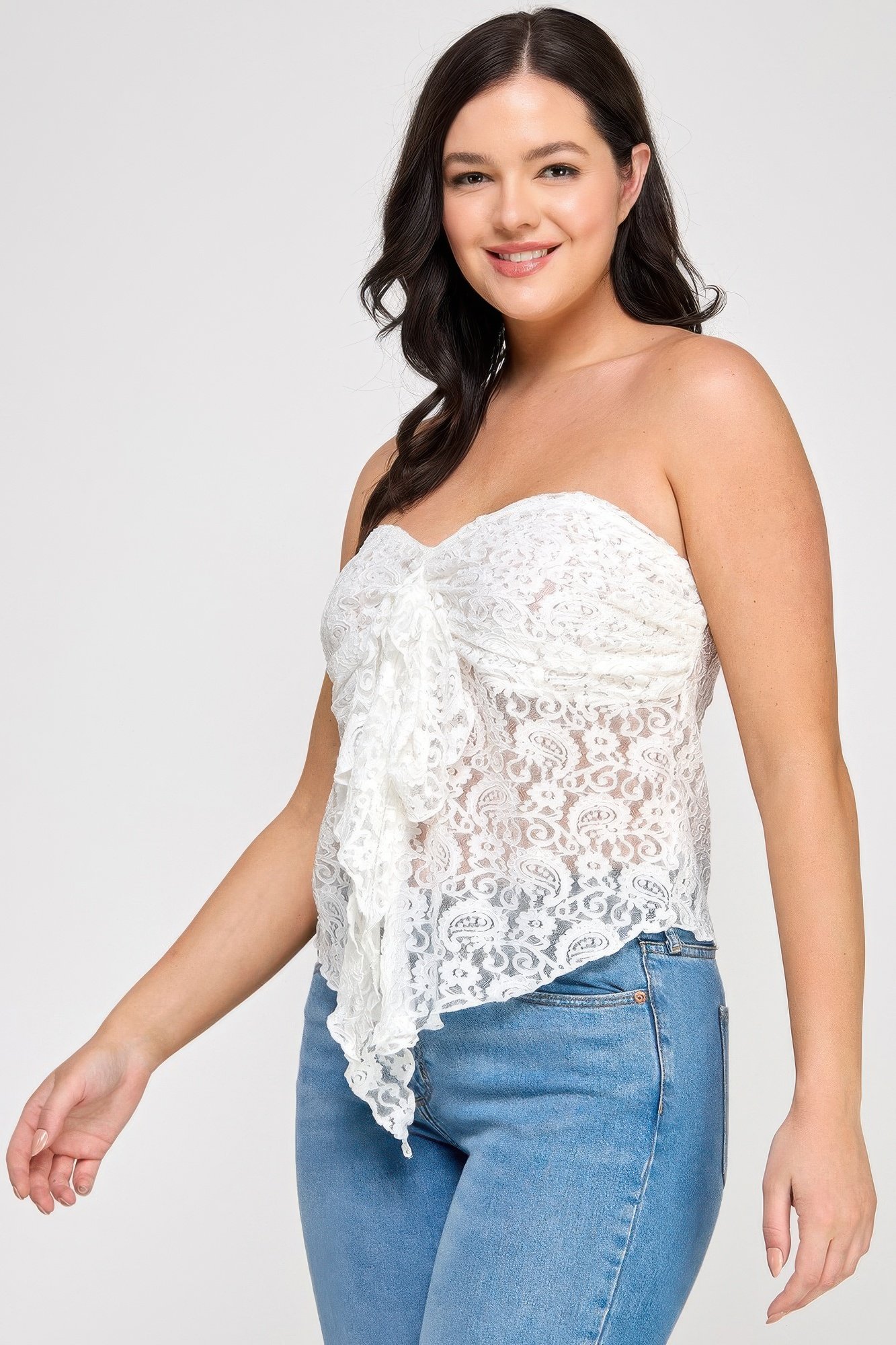 Plus Size Strapless Stretch Lace Bow Front Top