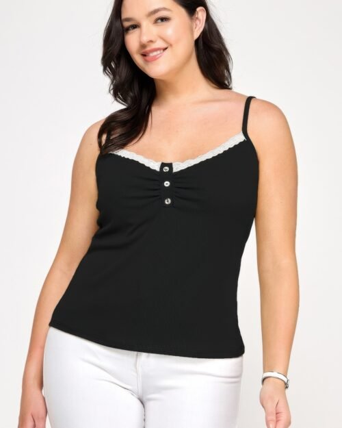 Plus Size Ribbed Knit Camisole With Lace Trim