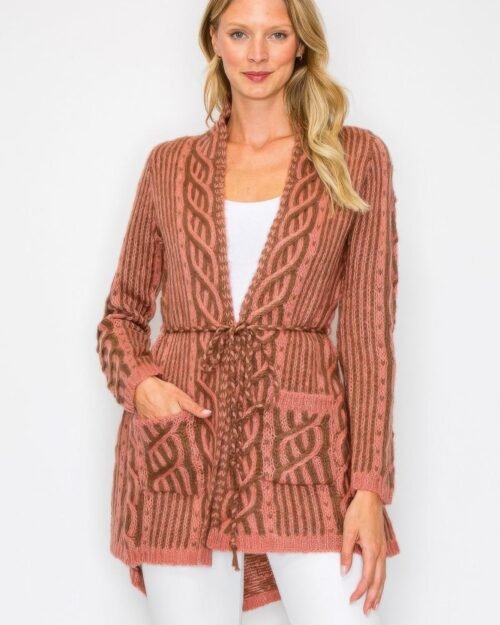 Open Wool Cardigan With Belt String & Front Pocket