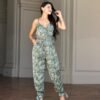 V Neck Sleeveless Paisley Jumpsuit With Tie Waist
