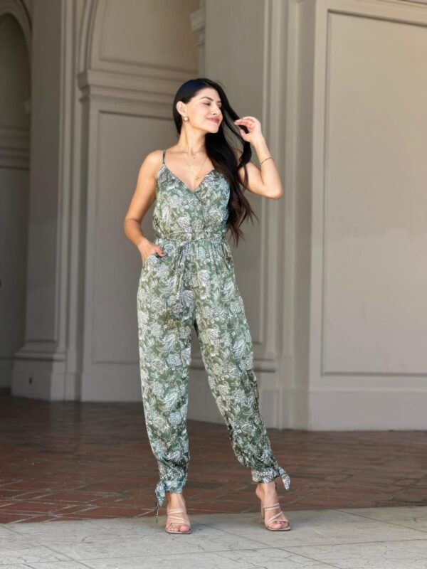 V Neck Sleeveless Paisley Jumpsuit With Tie Waist