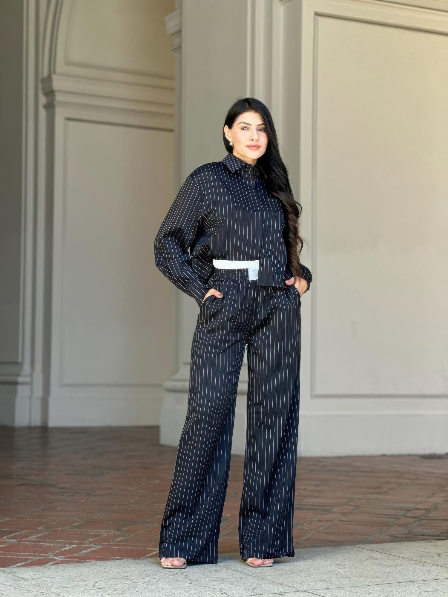 Striped Set With Double Waistband Pants And Top Striped Set With Double Waistband Pants And Top