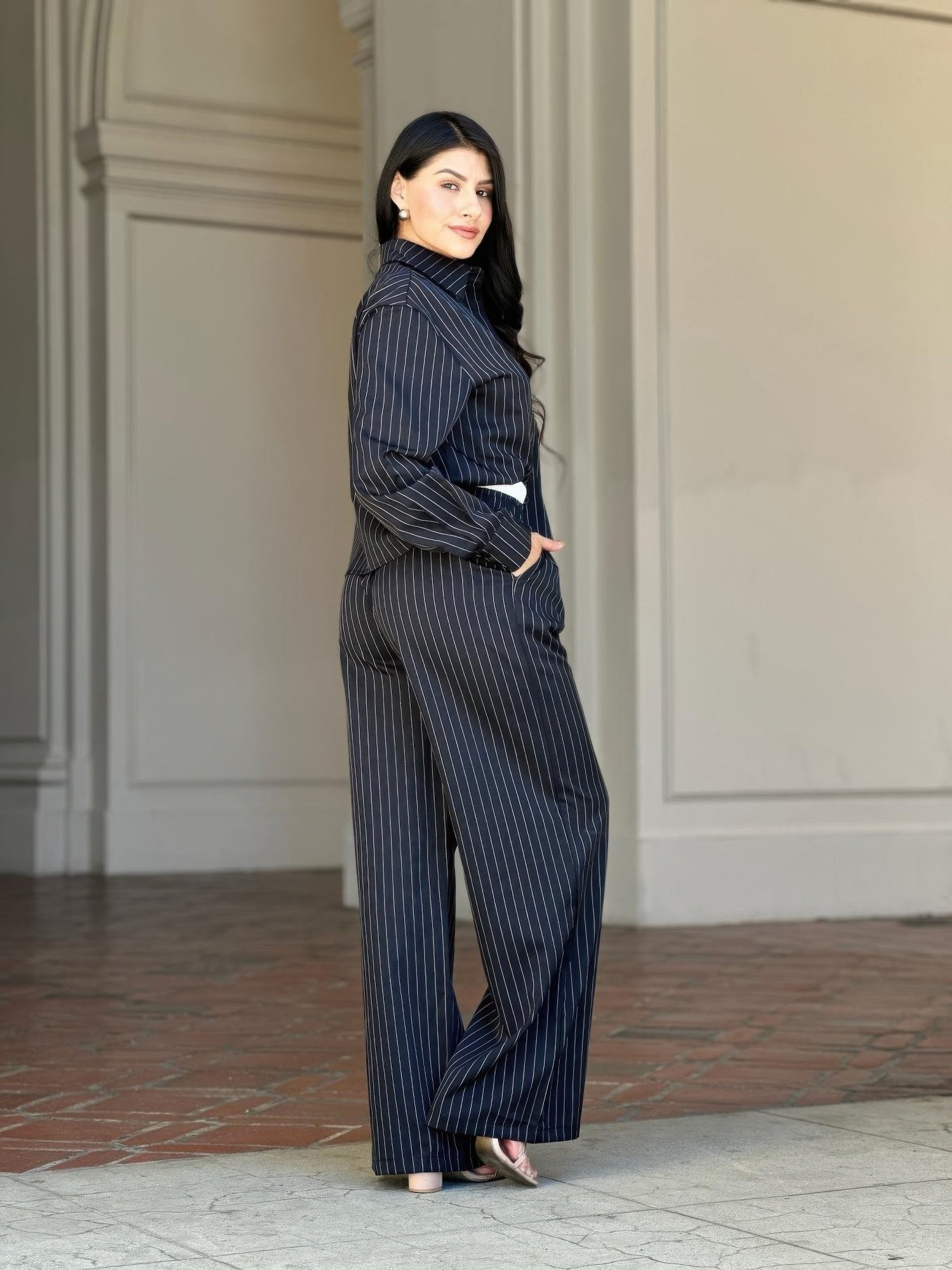 Striped Set With Double Waistband Pants And Top Striped Set With Double Waistband Pants And Top