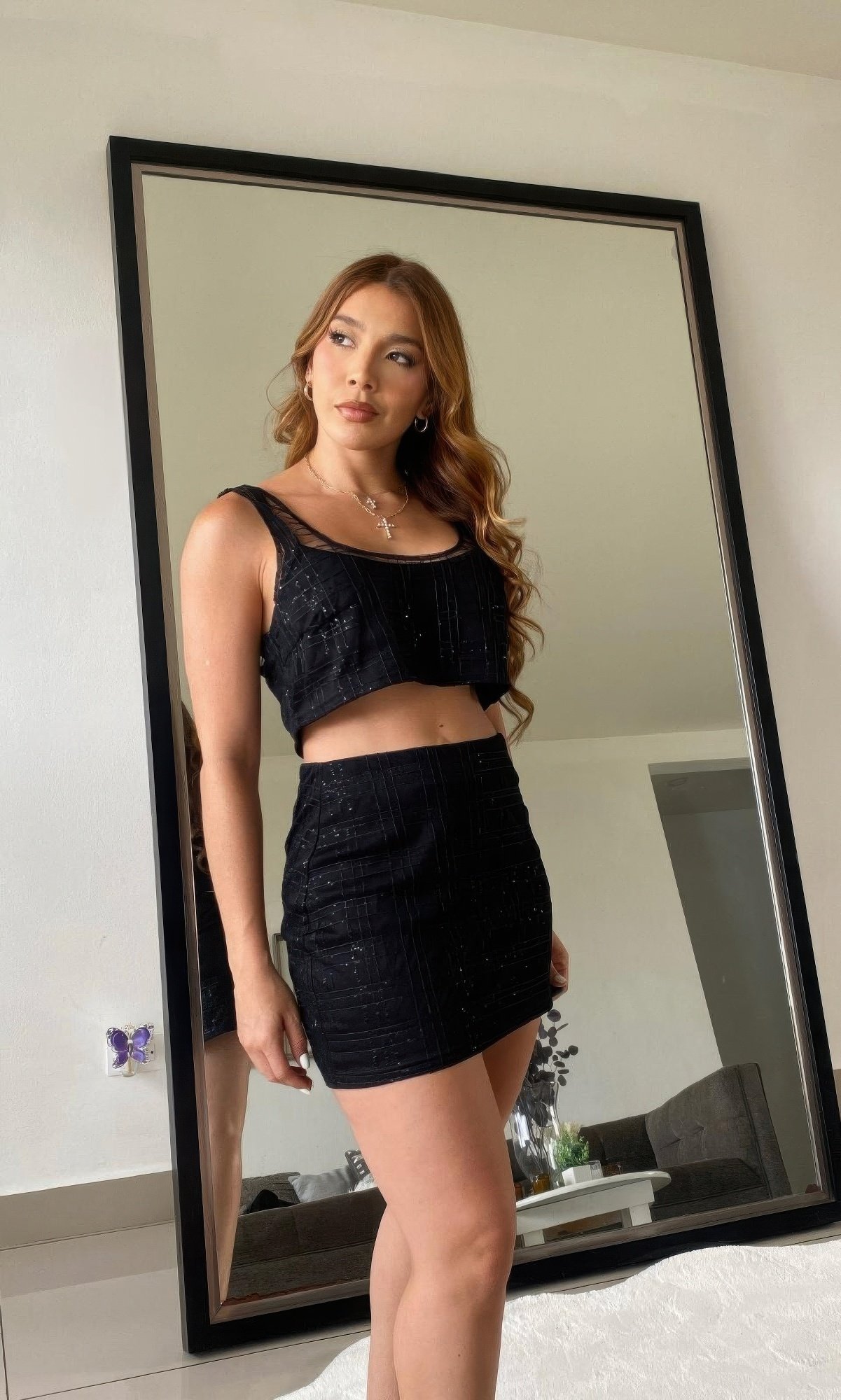 black sequin detail two piece set crop and skirt