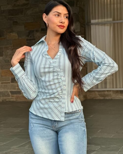 Stripe Asymmetric Button-down Detail Ls Blouse