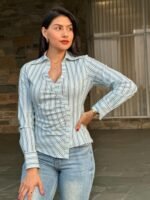 Stripe Asymmetric Button-down Detail Ls Blouse