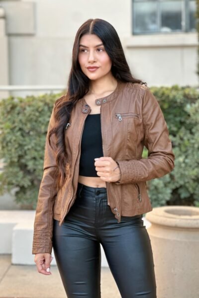 Woman Fashion Hooded Faux Leather Jacket