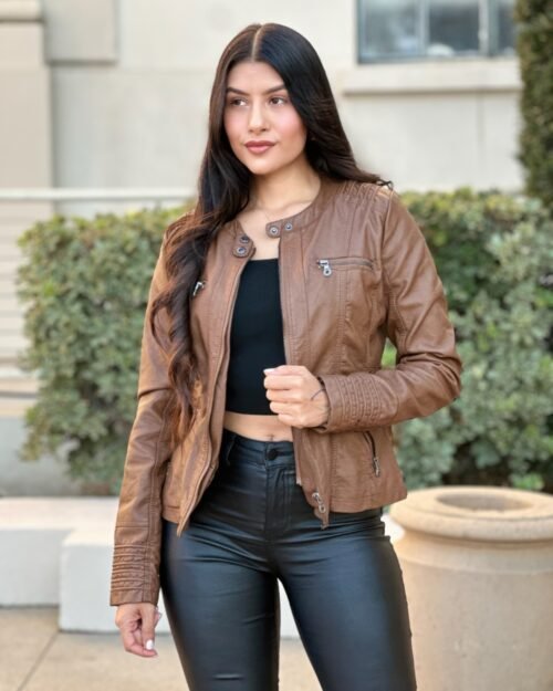 Woman Fashion Hooded Faux Leather Jacket