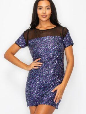 Sparkle Sequins & Mesh Cap Sleeve Mini Dress