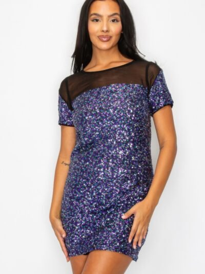 Sparkle Sequins & Mesh Cap Sleeve Mini Dress
