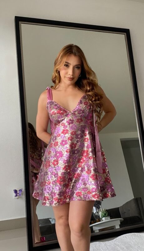 Women’s Sequin Floral Mini Dress Ties On Shoulders