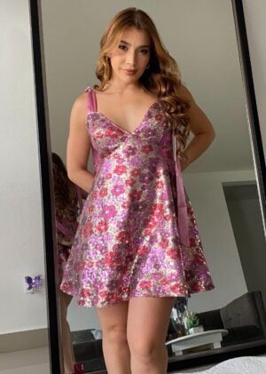 Women’s Sequin Floral Mini Dress Ties On Shoulders