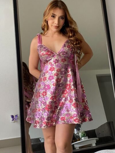 Women’s Sequin Floral Mini Dress Ties On Shoulders